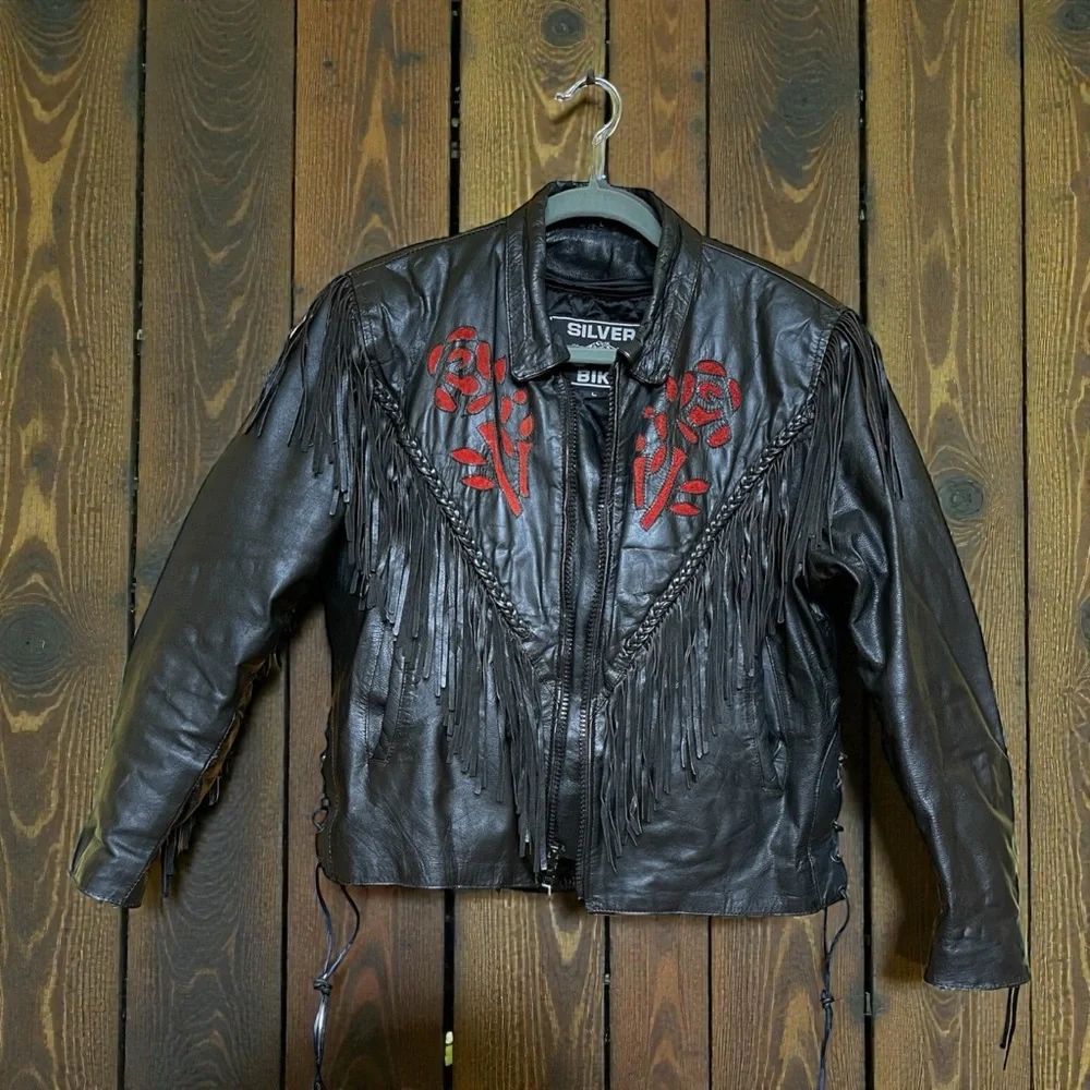 Vintage Leather Rose detail Fringe Bomber Moto Jacket Black Red Ladies Large - Picture 4 of 7